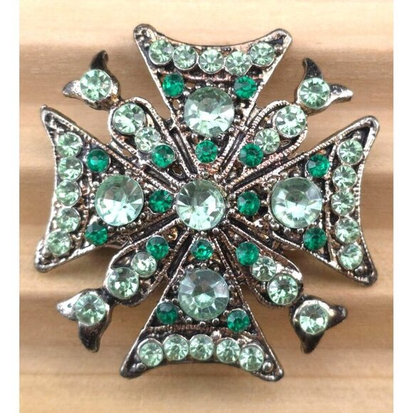 Vintage Green Rhinestone Cross Brooch Pin Statement - Picture 2 of 9